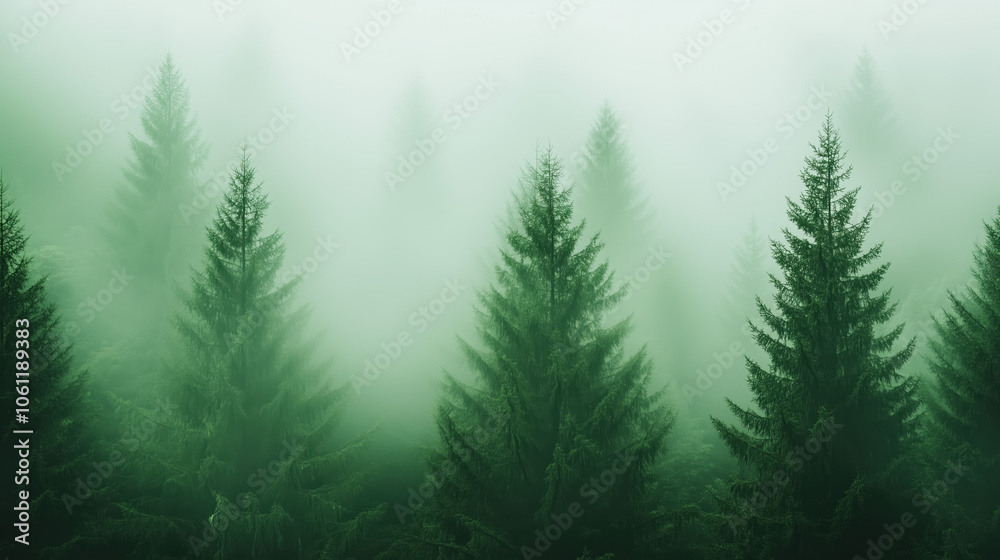 Fototapeta premium Peaceful Woodland Landscape Featuring Trees in Multiple Shades of Green Illuminated by Sunlight, Evoking a Serene and Calming Monochromatic Setting