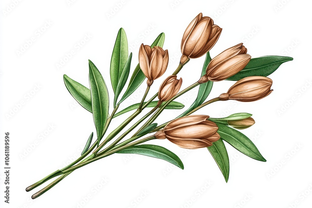 Obraz premium A beautiful illustration of brown tulip flowers with green leaves, perfect for floral designs and artistic uses.