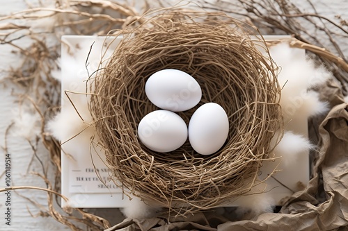 Three white eggs in a nest on a white background. photo