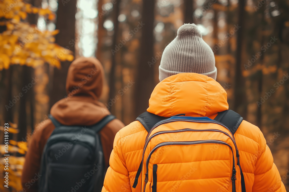 Autumn Hikers in Pine Forest with Warm Brown and Orange Outfits, Exploring Nature’s Beauty and Wilderness Autumn Hikers in Pine Forest with Warm Brown and Orange Outfits, Exploring Nature’s Beauty and Wilderness