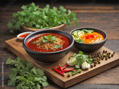 Overhead View of Tod Mun Pla with Dipping Sauce on Wooden Board photo