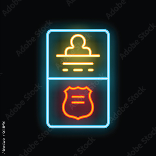 Neon glowing icon of a prisoner behind bars with a police badge, representing the concept of law enforcement