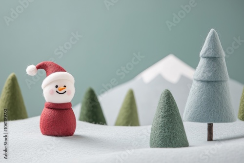 Paisagem natalina em miniatura com Papai Noel, renas e pinheiros cobertos de neve, estilo lúdico e colorido, criado por IA generativa.