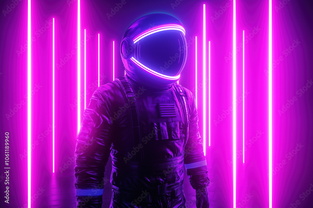 Astronaut in High-Tech Space Suit Reflecting Midnight Neon Purple and Pink Lights on Dark Background Astronaut in High-Tech Space Suit Reflecting Midnight Neon Purple and Pink Lights on Dark Background