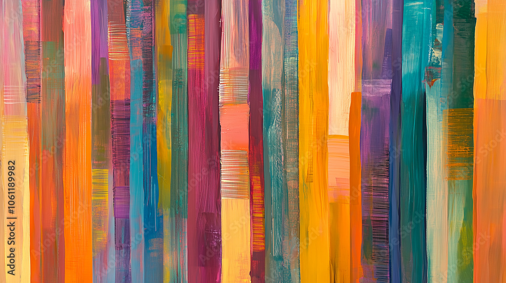 An abstract painting with vertical stripes in various colors, including orange, yellow, red, purple, and blue An abstract painting with vertical stripes in various colors, including orange, yellow, red, purple, and blue