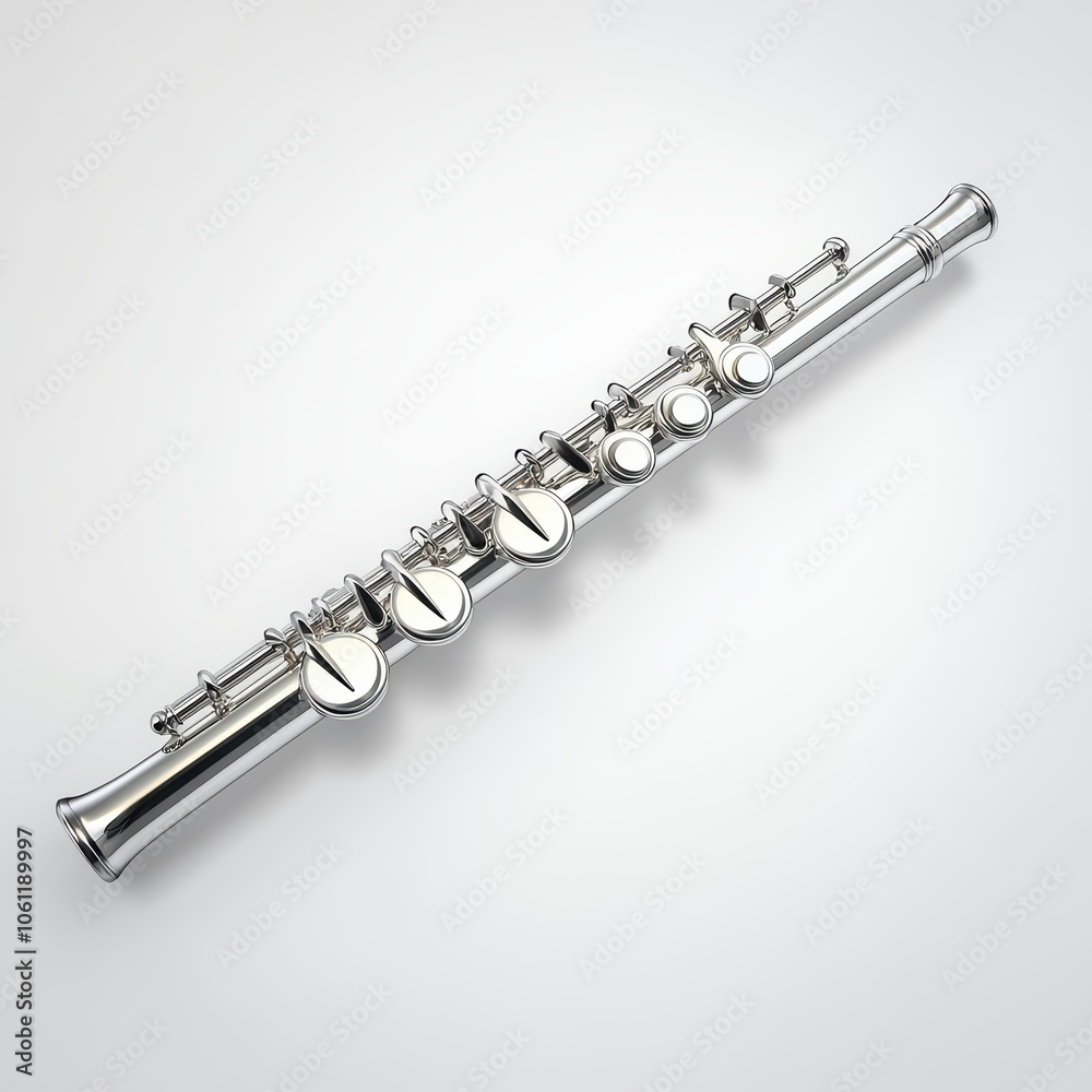Fototapeta premium A shiny silver flute beautifully displayed on a white isolated background.