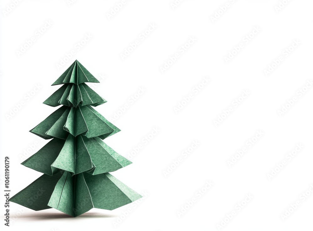Simple green origami Christmas tree on a clean white background, ideal for holiday themes. Simple green origami Christmas tree on a clean white background, ideal for holiday themes.