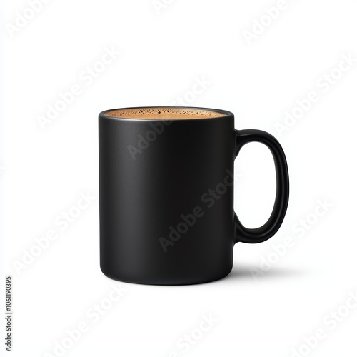 Black matte coffee mug with brown liquid and steam, isolated on white background.