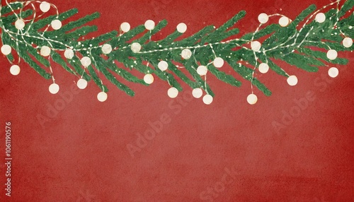 Festive Pine Branch with Lights on Red Background