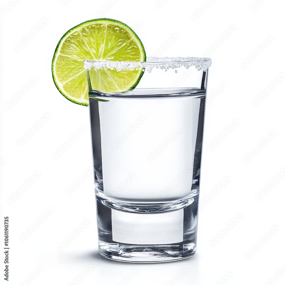 Clear shot glass with lime slice and salt rim on a white isolated background.
