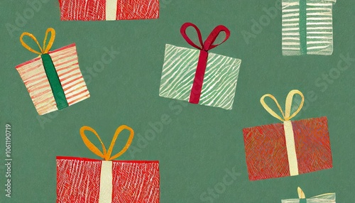Colorful Gift Boxes Pattern on Green Background
