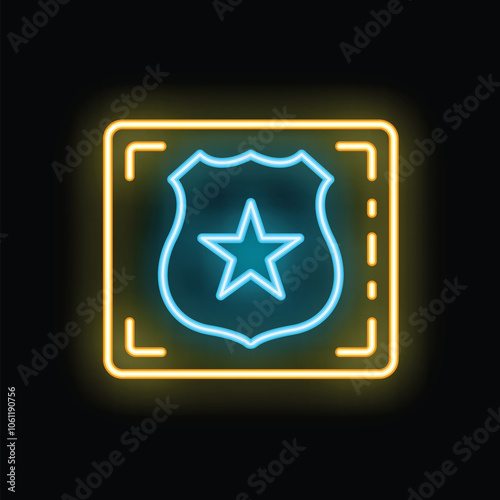 Glowing neon line police badge icon isolated on black background colorful outline concept vector illustration