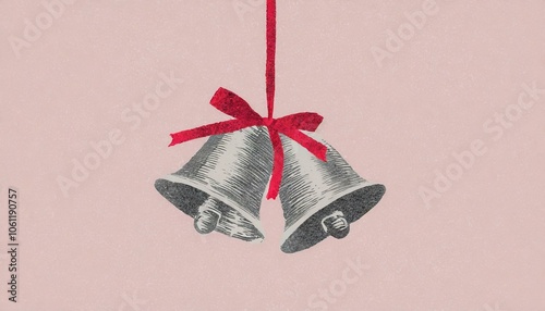 Vintage Bells with Red Ribbon on Pink Background