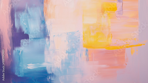 An abstract painting with shades of purple, blue, white, yellow, and pink. The artist used thick strokes of paint to create a textured, dynamic look