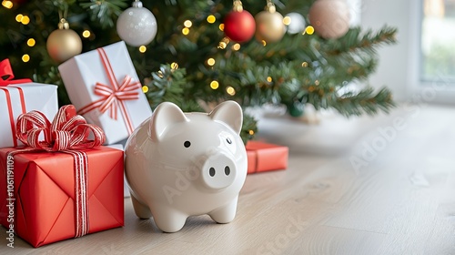 Piggy bank sitting next to wrapped gifts under a Christmas tree.