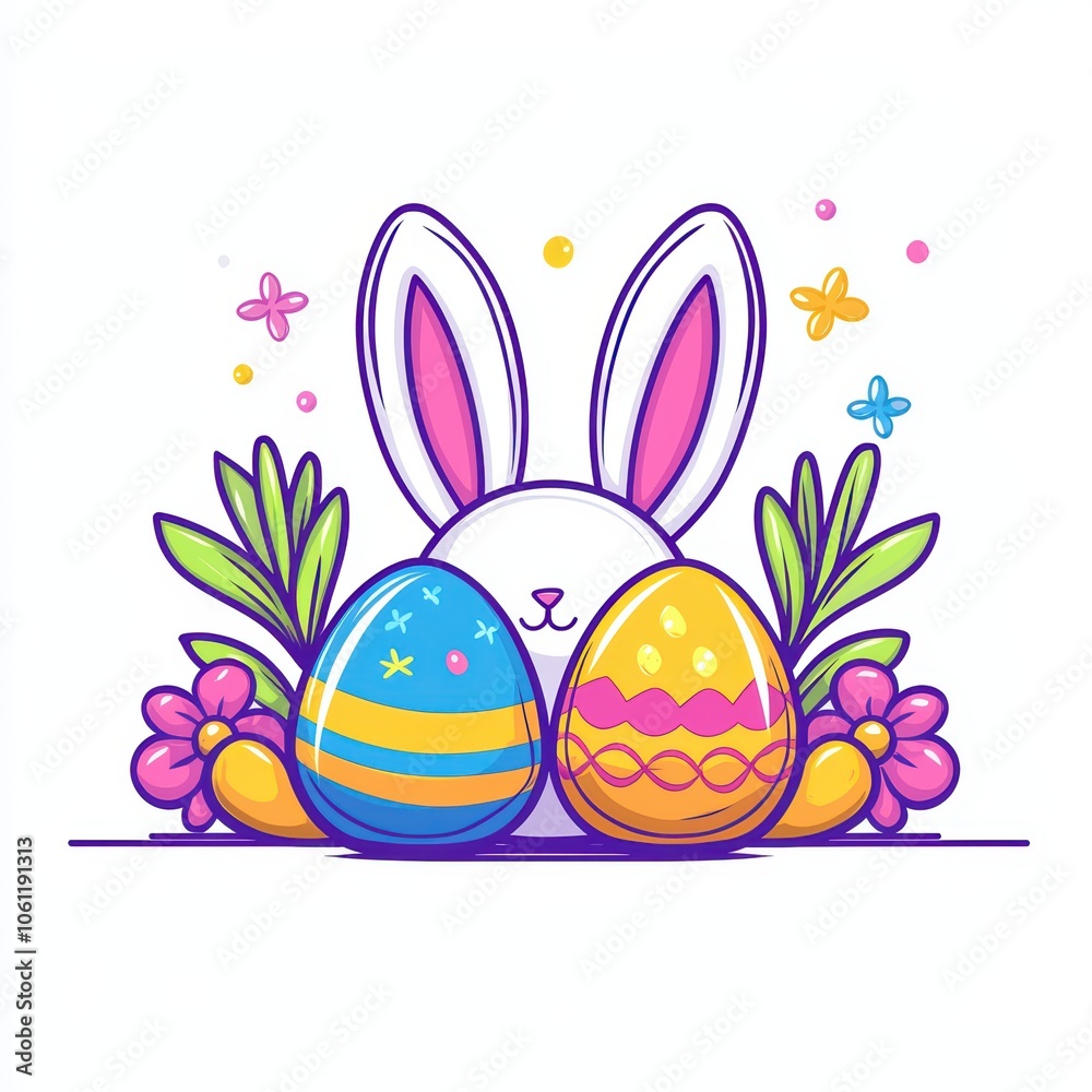 Cute bunny with colorful Easter eggs and flowers, vibrant and playful design. Cute bunny with colorful Easter eggs and flowers, vibrant and playful design.