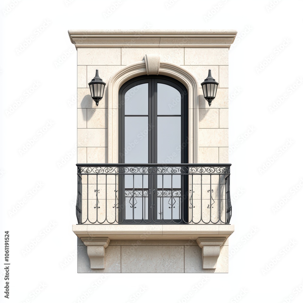 Obraz premium Elegant balcony window with classic design, black railing, and stone details, isolated on white background.