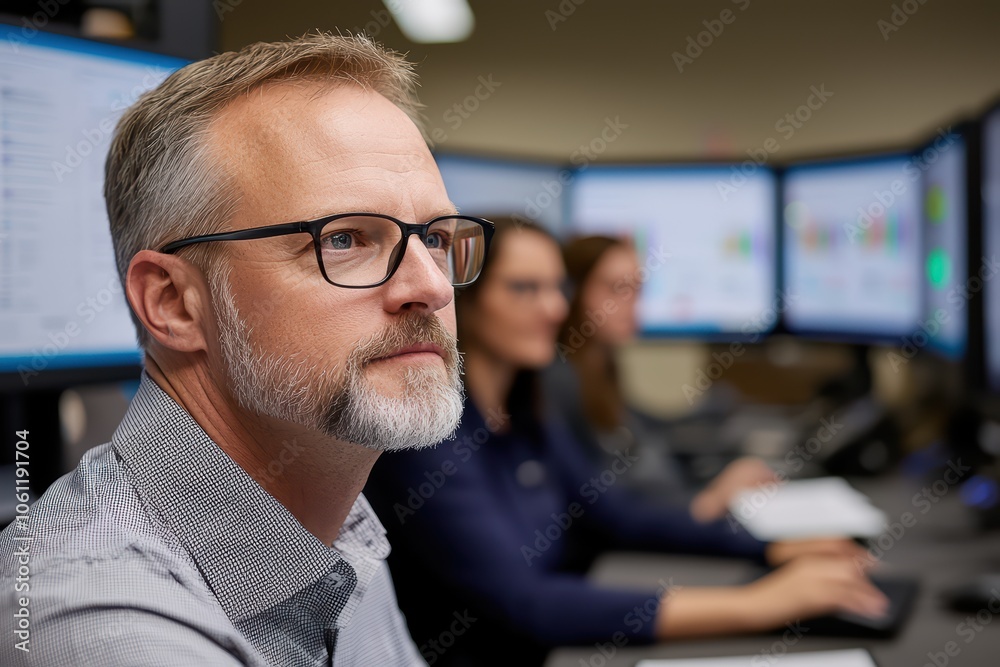 Focused professional working at multiple monitors in a modern office environment. Focused professional working at multiple monitors in a modern office environment.