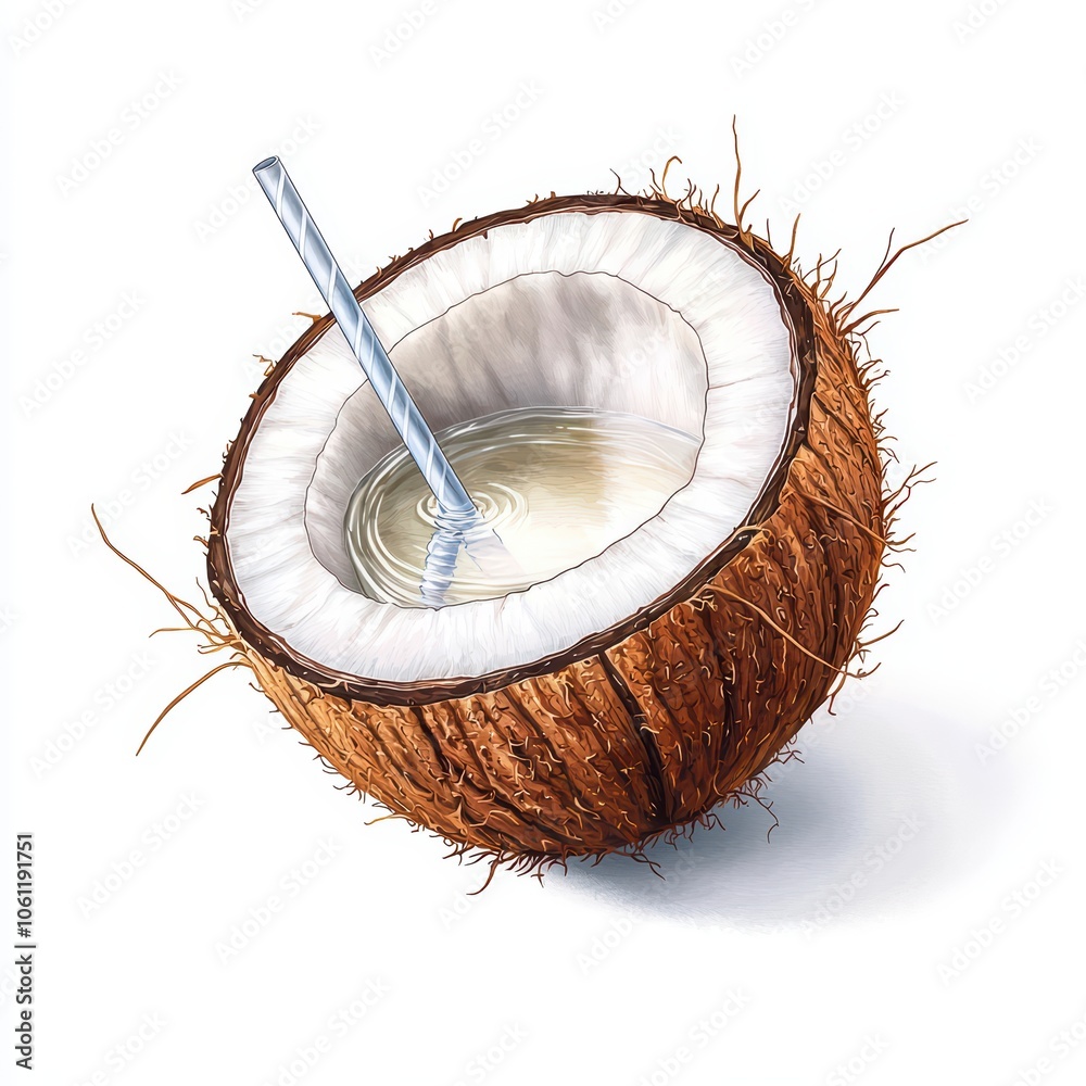 Fresh coconut with water and a straw, ideal for refreshing tropical drinks. Fresh coconut with water and a straw, ideal for refreshing tropical drinks.
