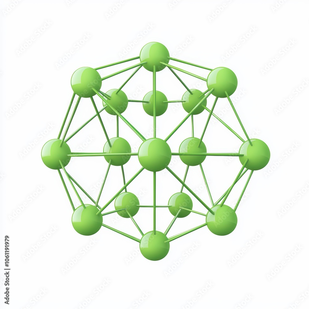Obraz premium Geometric structure featuring interconnected green spheres on a white isolated background.