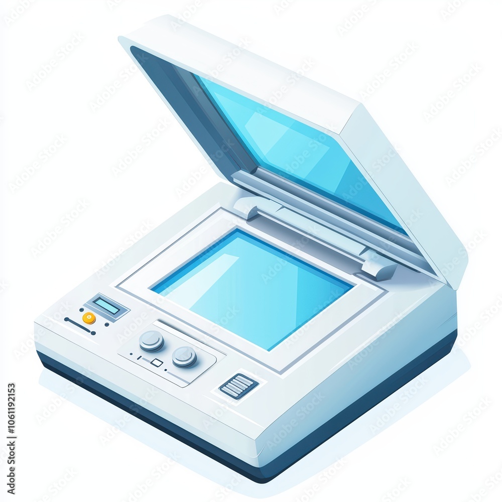 Illustration of a modern flatbed scanner on a white background. Illustration of a modern flatbed scanner on a white background.