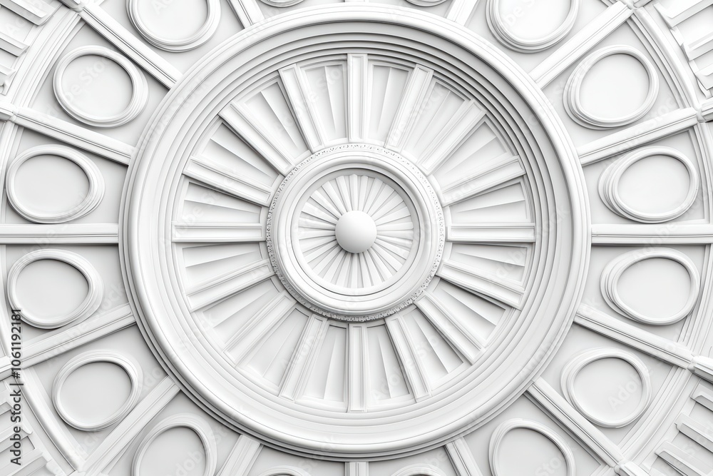 Intricate white architectural ceiling design with circular patterns on a textured surface. Intricate white architectural ceiling design with circular patterns on a textured surface.
