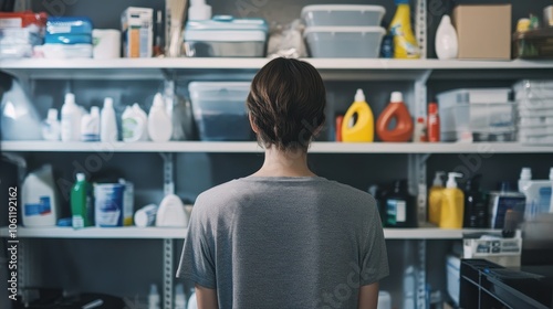 A person standing in front of household cleaning supplies