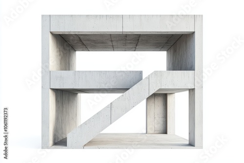 Modern concrete structure with staircase, white isolated background.