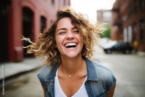 Portrait of a beautiful young woman laughing with her hair in the wind