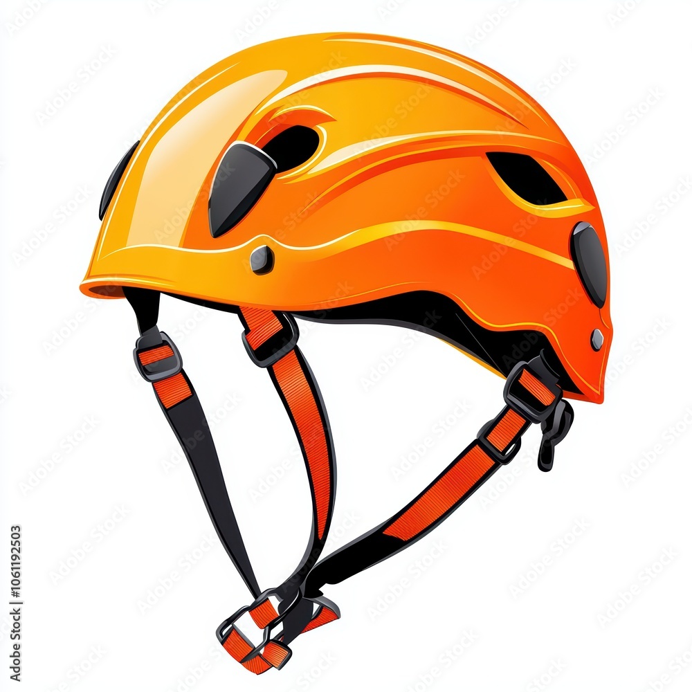 Orange climbing helmet, side view, isolated on a white background. Orange climbing helmet, side view, isolated on a white background.