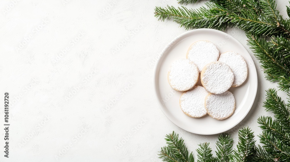 Festive Christmas Cookies Flat Lay on White Plate with Evergreen Branches Background - Ultra-Detailed Holiday Bakery Scene with Copy Space Festive Christmas Cookies Flat Lay on White Plate with Evergreen Branches Background - Ultra-Detailed Holiday Bakery Scene with Copy Space