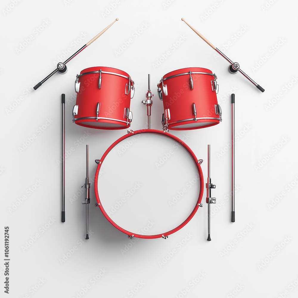 Fototapeta premium Red drum set on a white isolated background, featuring snare, bass, and cymbals with drumsticks.
