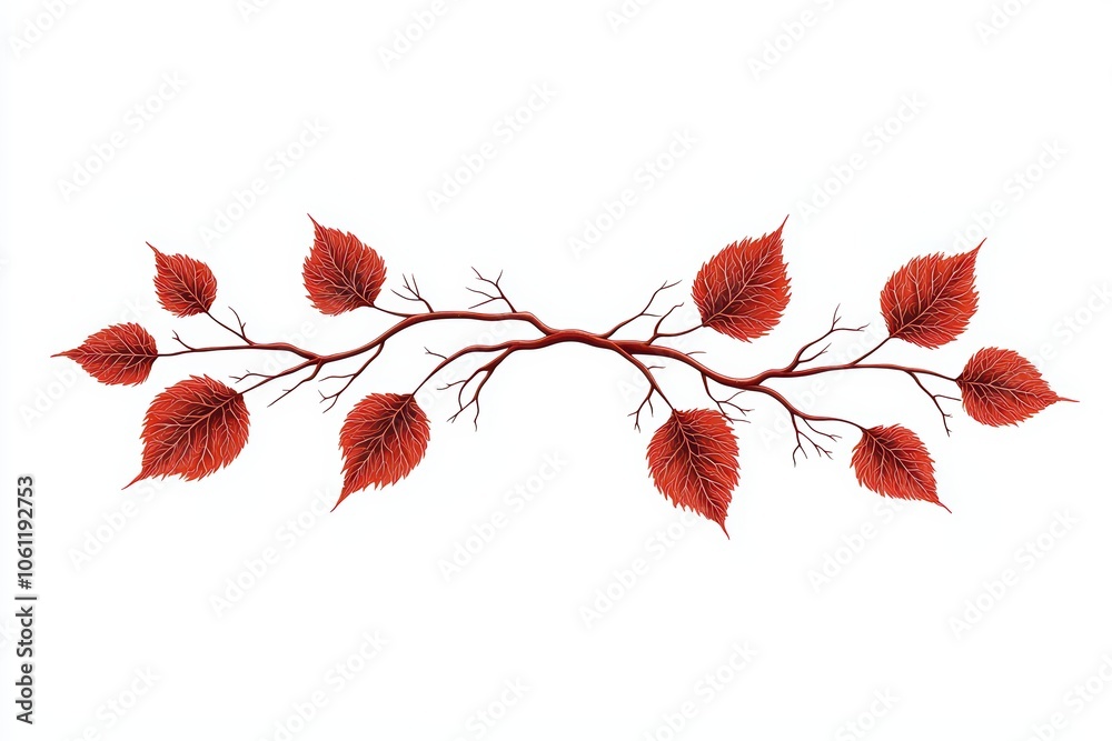 Red leaves on a slender branch, beautifully detailed, set against a white background. Red leaves on a slender branch, beautifully detailed, set against a white background.