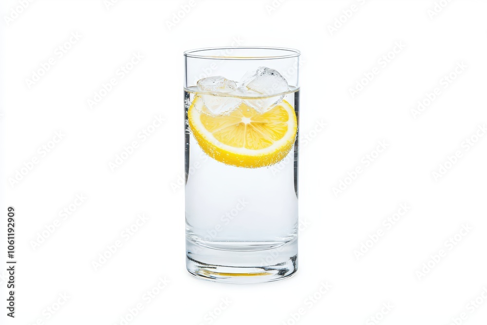 Refreshing lemonade in a clear glass with ice and a lemon slice, white isolated background. Refreshing lemonade in a clear glass with ice and a lemon slice, white isolated background.