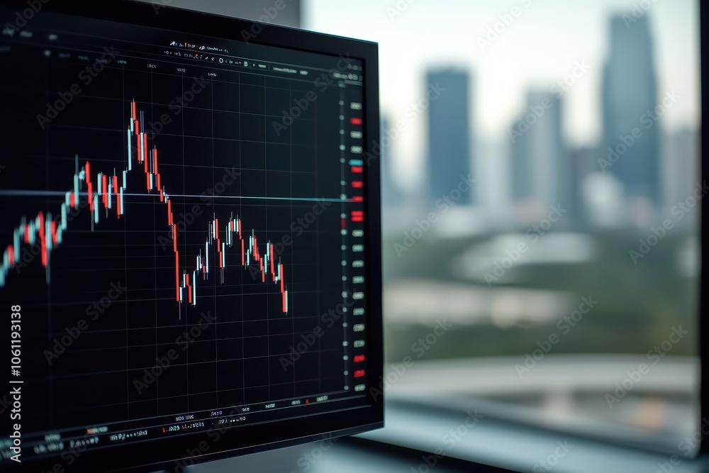 Stock market analysis displayed on a computer screen in a modern office setting with cityscape background. Stock market analysis displayed on a computer screen in a modern office setting with cityscape background.