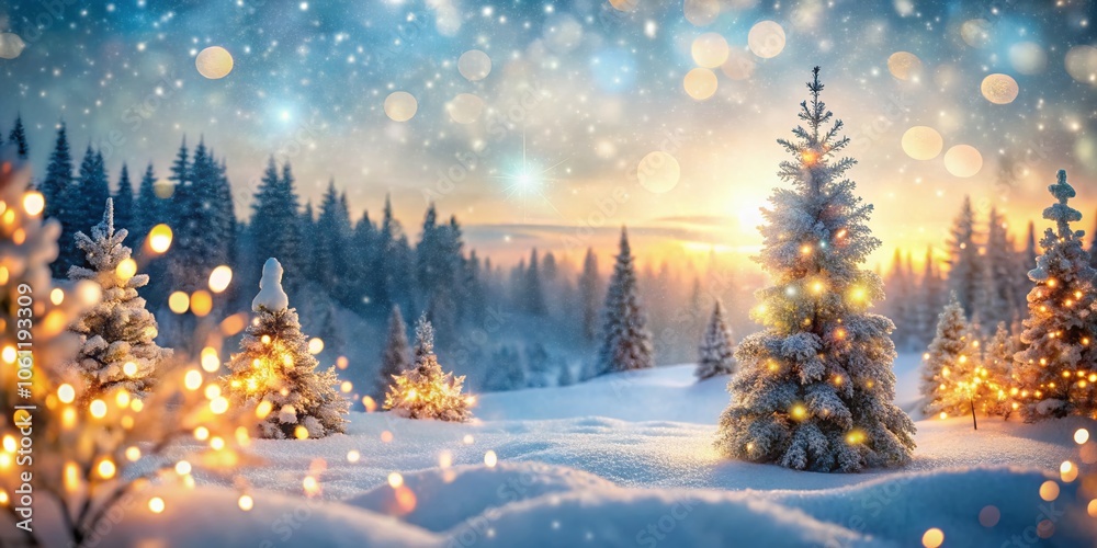 Festive Christmas Snowy Landscape with Bokeh Lights and Long Exposure Effect for Holiday Greetings and Winter Wonderland Themes