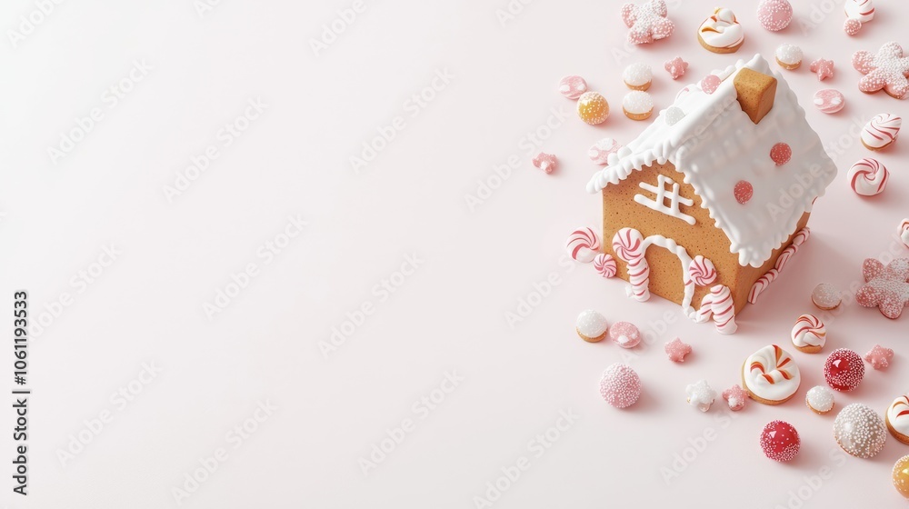 Whimsical Christmas Flat Lay with Elaborately Decorated Gingerbread House and Colorful Candies on Festive Background, Copy Space for Text. Whimsical Christmas Flat Lay with Elaborately Decorated Gingerbread House and Colorful Candies on Festive Background, Copy Space for Text.