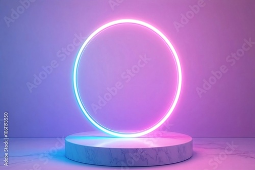 Pink empty neon podium on light background. 3D render style. Modern product display. Cyber Monday, Black Friday, 11.11 concept. Futuristic tech platform for product presentation. Mockup for design