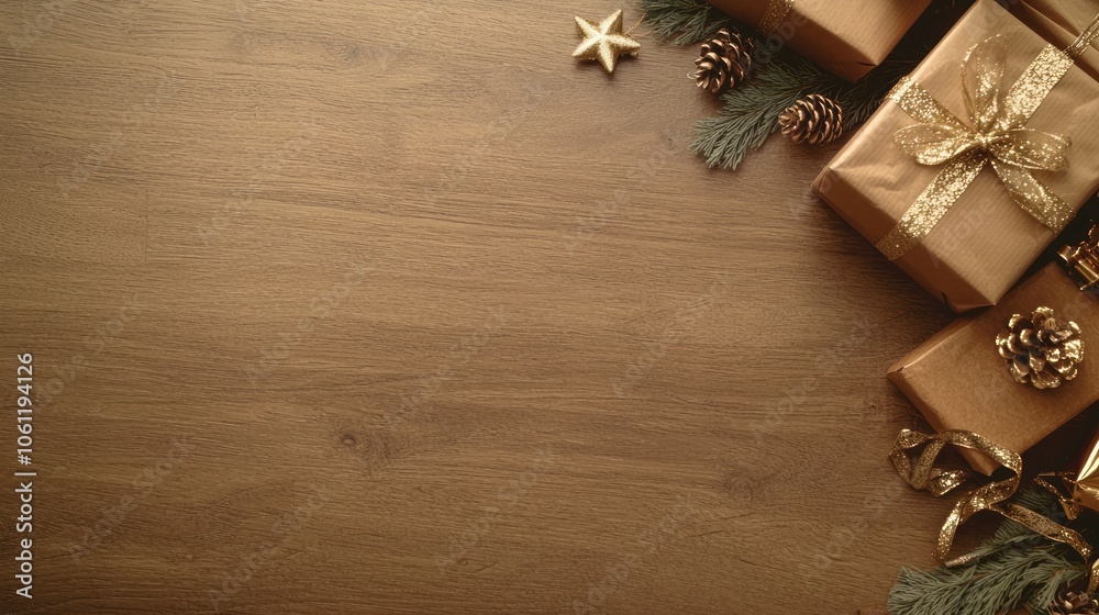 Festive Christmas Gift Wrapping Flat Lay on Wooden Table with Copy Space | Ultra-Detailed Holiday Presents Composition Festive Christmas Gift Wrapping Flat Lay on Wooden Table with Copy Space | Ultra-Detailed Holiday Presents Composition