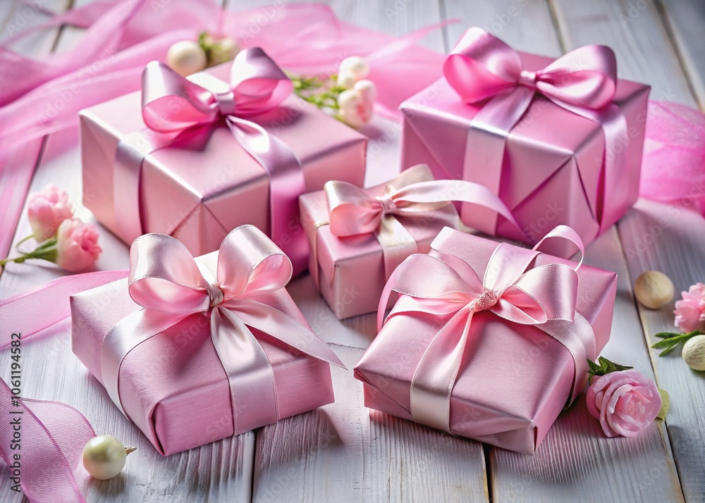 Four Elegant Pink Gift Boxes with Satin Ribbons for Celebratory and Festive Design Projects, Transparent PNG for Creative Use Four Elegant Pink Gift Boxes with Satin Ribbons for Celebratory and Festive Design Projects, Transparent PNG for Creative Use