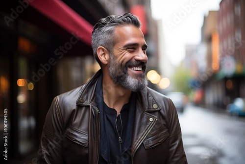 Portrait of a handsome middle-aged man laughing in the city