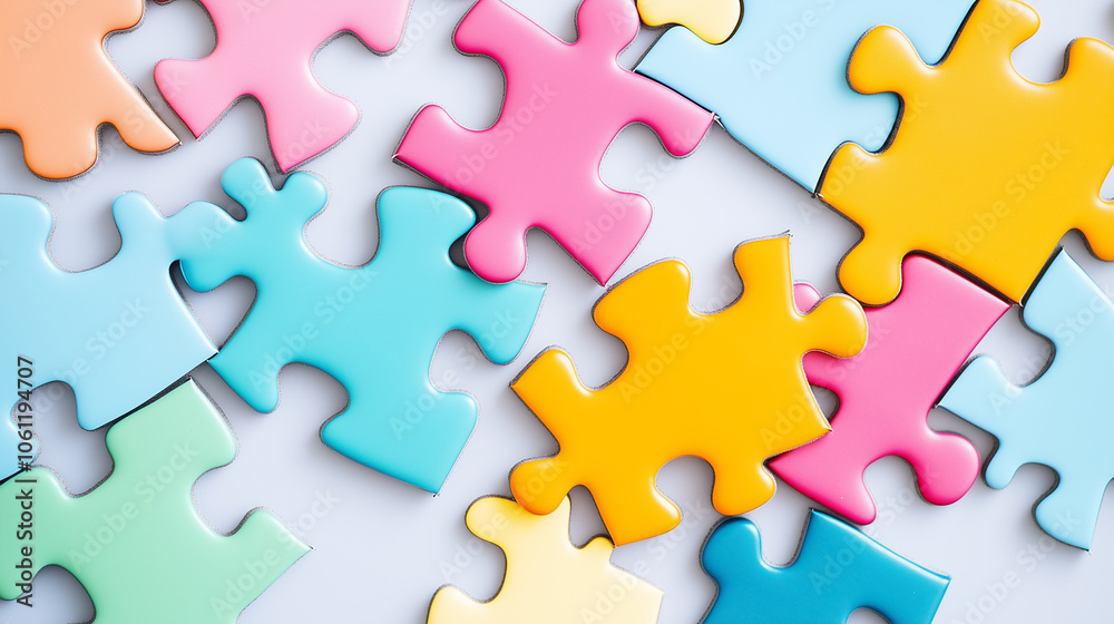 Colorful puzzle pieces in pink, yellow, and blue unite for creative fun and mental challenges Colorful puzzle pieces in pink, yellow, and blue unite for creative fun and mental challenges