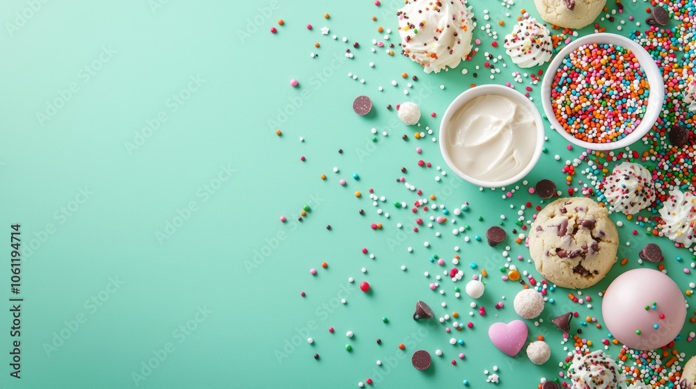 Festive Christmas Baking Supplies Flat Lay with Copy Space on Bright Surface Festive Christmas Baking Supplies Flat Lay with Copy Space on Bright Surface