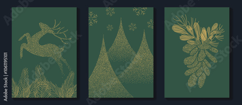 Luxury christmas invitation card art deco design vector. Christmas tree, snowflake, reindeer spot texture on green background. Design illustration for cover, print, poster, wallpaper.