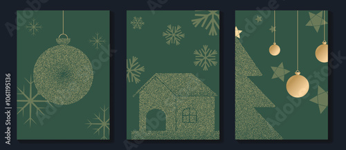 Luxury christmas invitation card art deco design vector. Christmas tree, snowflake, house spot texture on green background. Design illustration for cover, print, poster, wallpaper.