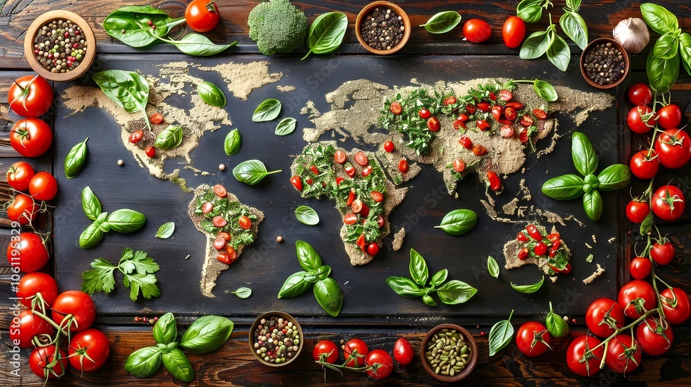 The artwork displays a world map creatively arranged with various fresh vegetables and herbs. Bright red tomatoes, green broccoli, and basil leaves frame the map, enhancing its appeal. The artwork displays a world map creatively arranged with various fresh vegetables and herbs. Bright red tomatoes, green broccoli, and basil leaves frame the map, enhancing its appeal.