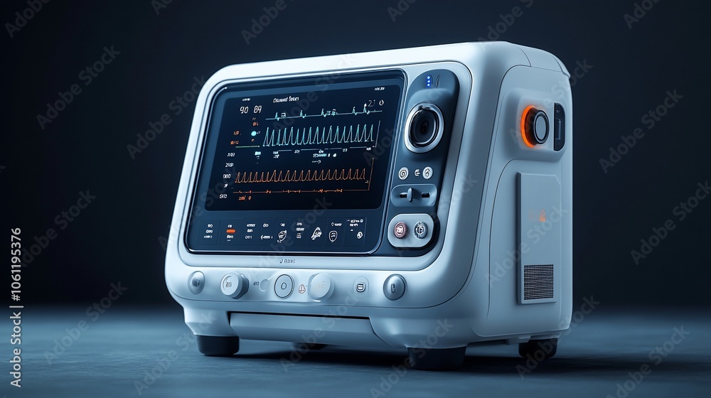 A white medical device with a screen displaying a heart rate monitor. A white medical device with a screen displaying a heart rate monitor.