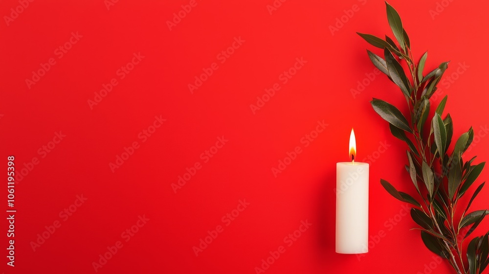 Serene Elegance - Minimalistic Christmas Candle Flat Lay on Soft Red Background with Copy Space