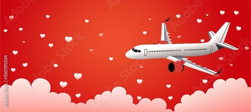 A white airplane covered in red hearts soars through a vivid red sky with scattered white heart shapes, symbolizing love and adventure in a dreamlike scene.