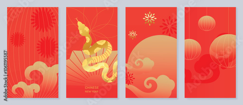 Chinese New Year 2025 greeting card background vector. Year of the Snake design with golden snake, lanterns, firecrackers, cloud. Elegant oriental illustration for cover, poster, website, calendar.